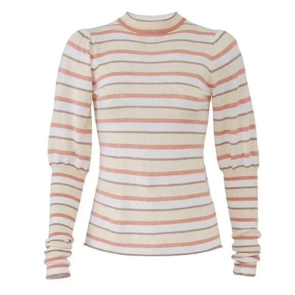 See by Chloe Striped Puff Sleeve Lightweight Sweater Spring Chic Career Wear XL - Picture 2 of 4